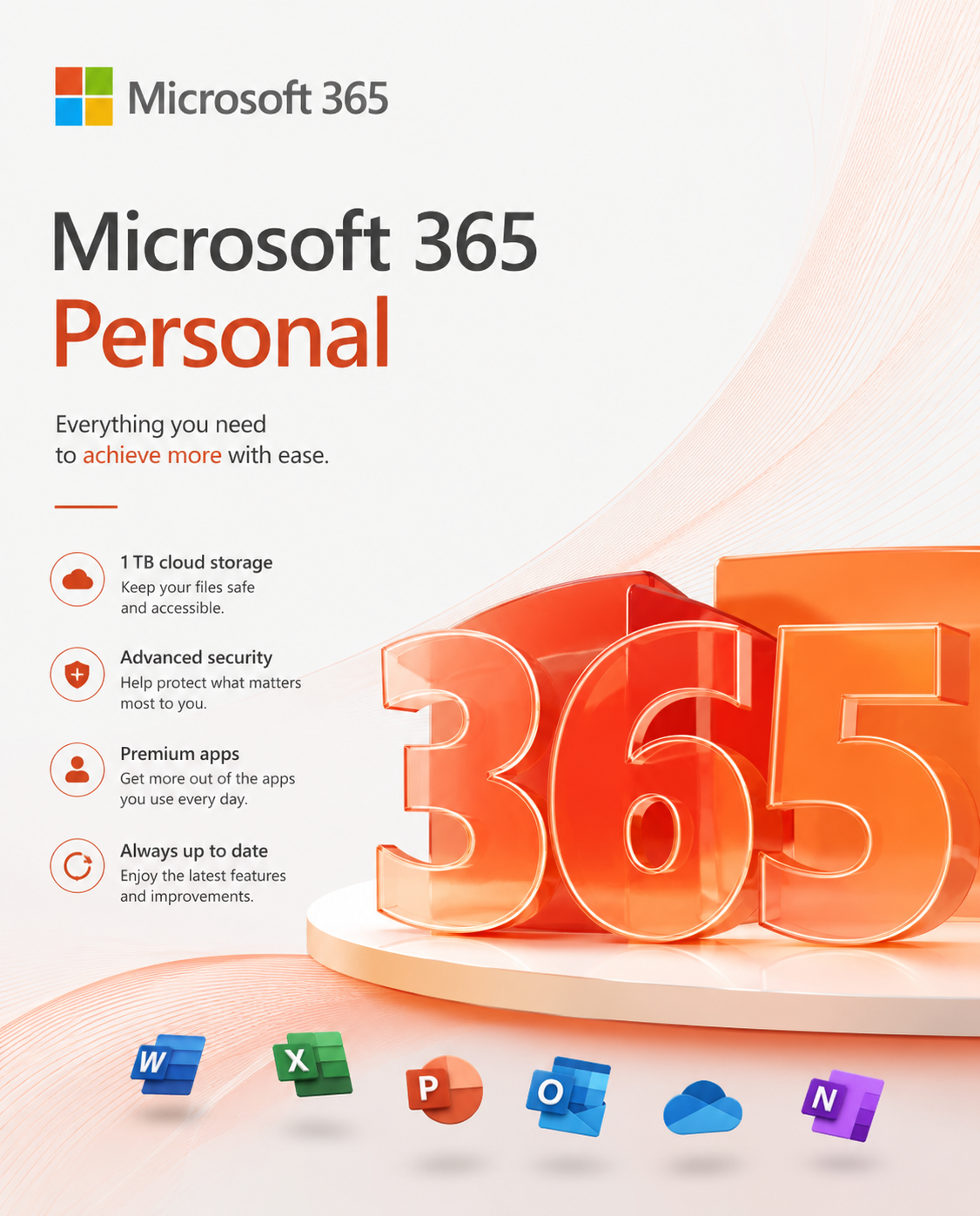 Microsoft Office 365 Personal (PC, Mac) (1 Device, 1 Year) - Microsoft Account - GLOBAL الصورة الرئيسية